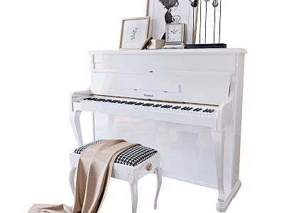 Stylish White Piano With Artwork Frames Clock Checkered Stool And Decorations 3d model