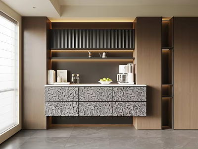 Modern Sideboard With Marble Texture Shelves And Decorative Items In Bright Interior 3d model