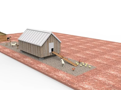 Wooden Chicken Coop With Silver Metal Roof Small Ramp Red Brick Ground Chickens And Goat 3d model