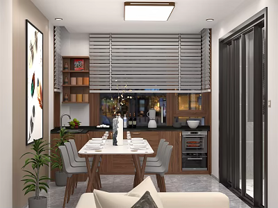 Modern Restaurant Interior With Dining Table Chairs Open Kitchen Cabinets Blinds And Potted Plant 3d model