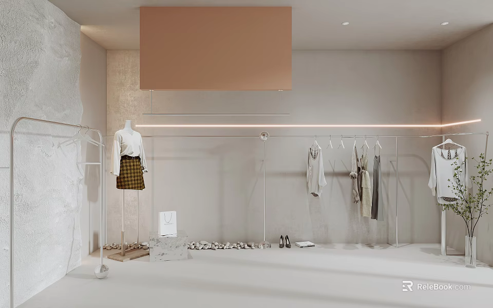 Modern Clothing Store Interior With White Mannequin Hanging Racks And Shoe Displays 3d model 