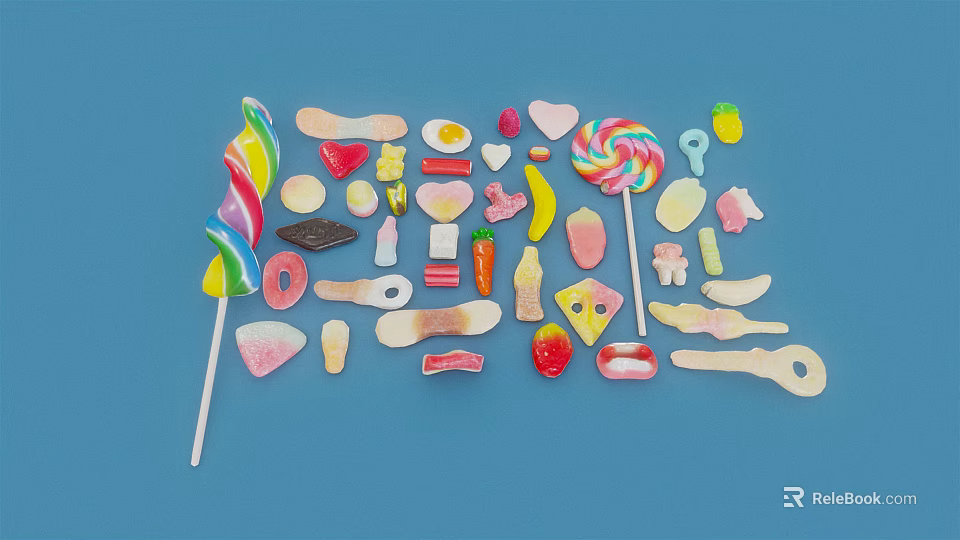 Assorted Colorful Candies Including Lollipops Heart Shapes And Sweets On Blue Background 3d model 
