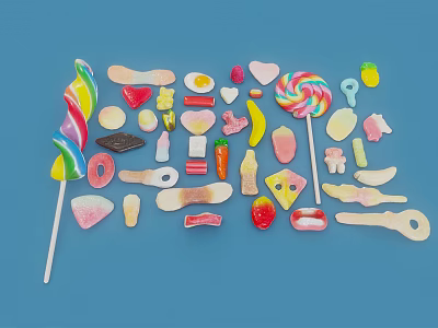 Assorted Colorful Candies Including Lollipops Heart Shapes And Sweets On Blue Background 3d model