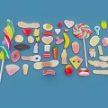 Assorted Colorful Candies Including Lollipops Heart Shapes And Sweets On Blue Background
