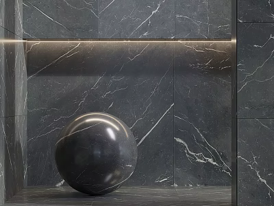 Dark Marble Textured Floor Tiles With Sphere Decoration And Lighting 3d model