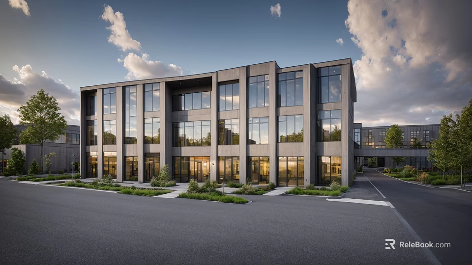 Modern Office Building Exterior With Large Glass Windows And Landscaped Surroundings 3d model 