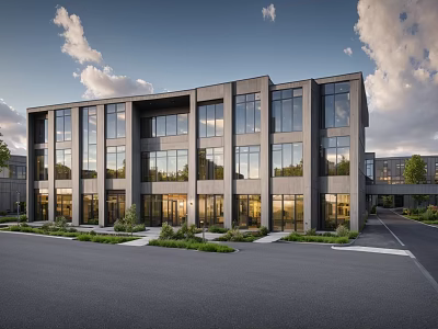 Modern Office Building Exterior With Large Glass Windows And Landscaped Surroundings 3d model
