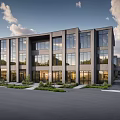 Modern Office Building Exterior With Large Glass Windows And Landscaped Surroundings