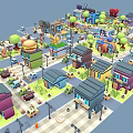 Colorful Cartoon Town Buildings In Various Styles With Streets Cars And Trees