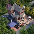 Traditional Detached Villa With Brick Exterior Gabled Roof Chimney Green Lawn And Surrounding Trees