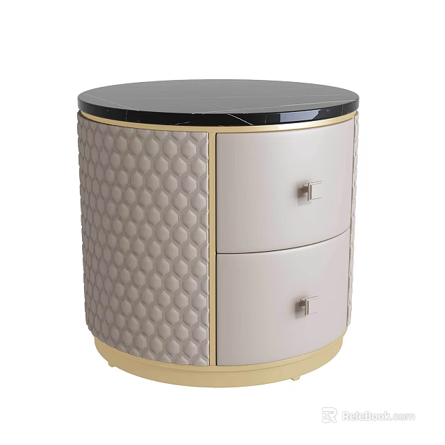 Round Modern Bedside Table With Black Top Diamond Quilted Pattern Two Drawers And Gold Trim 3d model 