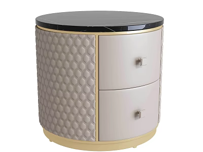 Round Modern Bedside Table With Black Top Diamond Quilted Pattern Two Drawers And Gold Trim 3d model
