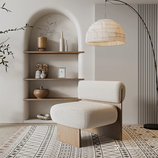 Modern Single Sofa With Cream Upholstery And Wooden Legs On Area Rug By Wall Shelves 3d model 