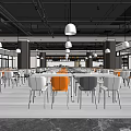 Modern Dining Area Interior With White Orange Gray Chairs And Hanging Lights