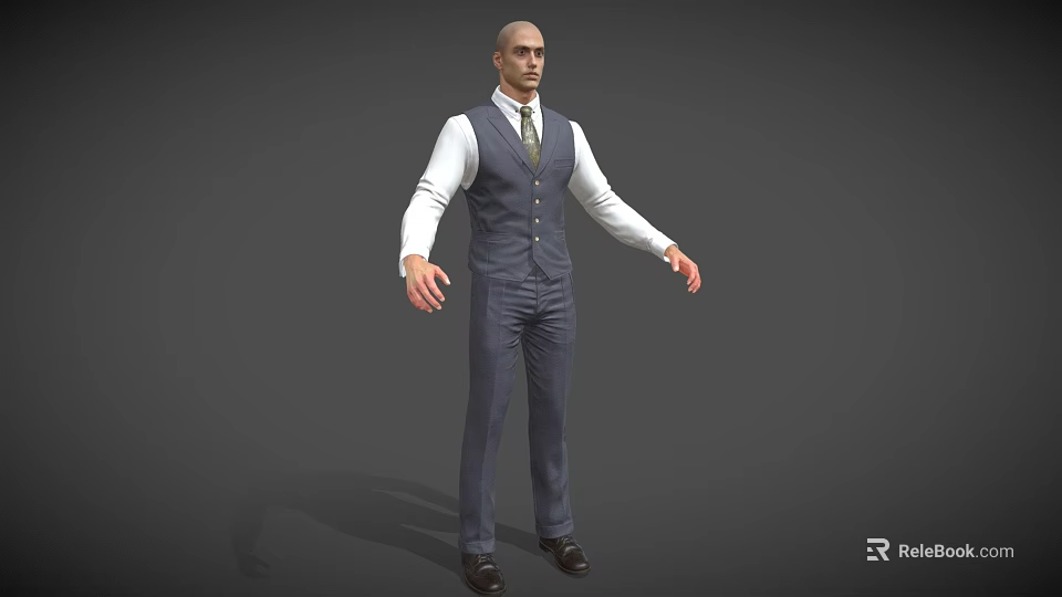 Man In Dark Vest White Shirt And Tie Standing Against Gray Background 3d model 