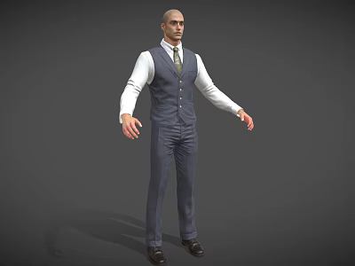 Man In Dark Vest White Shirt And Tie Standing Against Gray Background 3d model