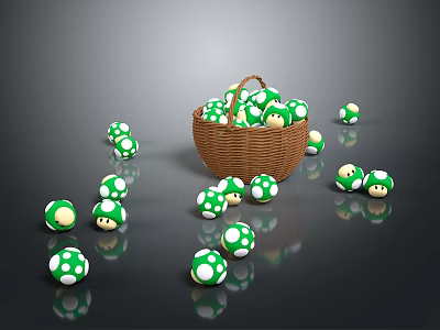 Green Mushrooms with White Spots in Brown Wicker Basket and Scattered Around on Dark Background 3d model