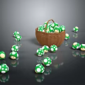 Green Mushrooms with White Spots in Brown Wicker Basket and Scattered Around on Dark Background