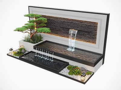 Serene Modern Water Feature Wall With Waterfall Pine Tree Small Plants And Lighting 3d model