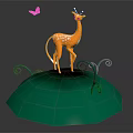 Cute Orange Fawn Standing On Green Round Platform With Curly Green Plants And Pink Butterfly