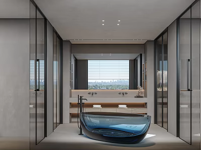 Modern Bathroom Interior With Blue Bathtub Large Mirror And Glass Partitions 3d model