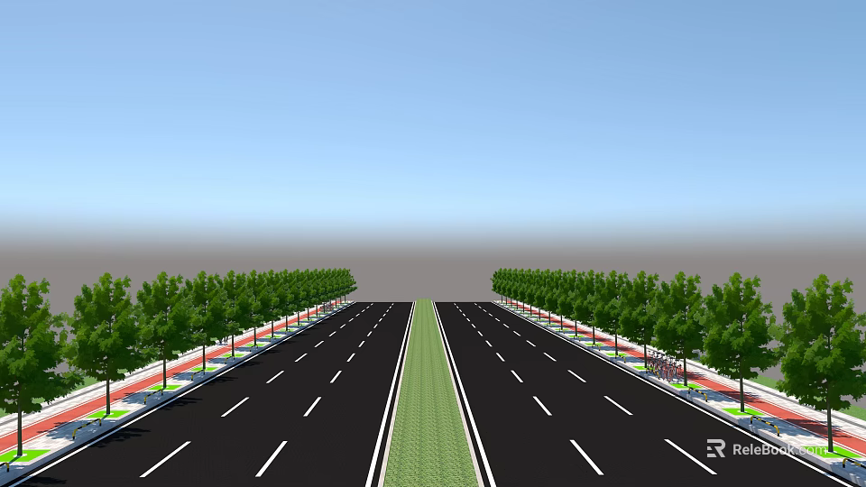 Road Infrastructure With Two Way Asphalt Lanes Central Green Median And Trees On Both Sides 3d model 