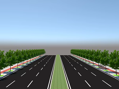 Road Infrastructure With Two Way Asphalt Lanes Central Green Median And Trees On Both Sides 3d model