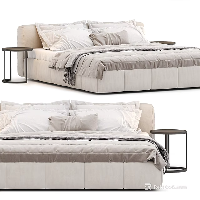 Modern Comfortable Double Bed With Plush Pillows Layered Blankets And Side Table 3d model 