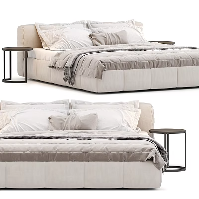 Modern Comfortable Double Bed With Plush Pillows Layered Blankets And Side Table 3d model