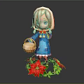 Chibi Girl In Blue Dress With White Hood Holding Basket And Red Poinsettias With Green Leaves