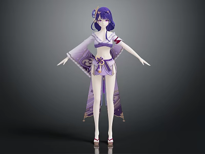 Fantasy Anime Character With Purple Hair In Kimono And Fox Spirit Creature 3d model