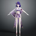 Fantasy Anime Character With Purple Hair In Kimono And Fox Spirit Creature 3d model