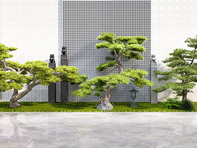 Ornamental Pine Trees In Modern Garden With Grid Wall Stone Decorations And Lawn 3d model