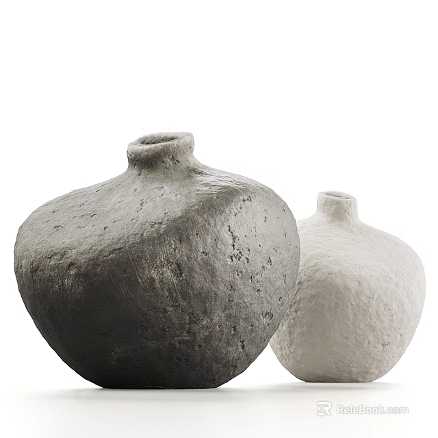 Two Handcrafted Ceramic Vases Gray And White With Rough Textured Surface For Home Decor 3d model 