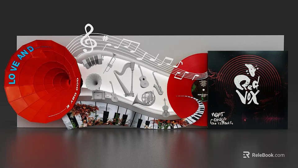 Event Display Wall With Live Music Poster Music Notes Piano Keys And Red Horn 3d model 