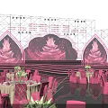 Elegant Pink Event Stage Setup With Decorative Trees Tables And Chairs 3d model