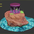 Cartoon Scene With Rocky Island Red Domed Pavilion Flame Green Plants And Blue Water