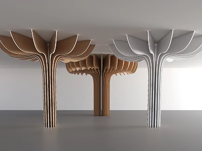 Modern Decorative Pillars Wooden And White With Petal Shaped Tops In Minimalist Interior 3d model
