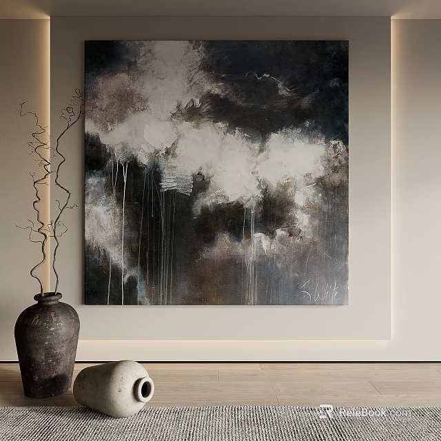 Minimalist Interior With Dark Abstract Painting Ceramic Vase And Decorative Twigs 3d model 