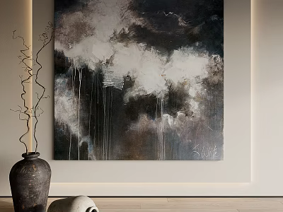 Minimalist Interior With Dark Abstract Painting Ceramic Vase And Decorative Twigs 3d model