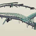 Modern Bridge With Blue Roof Structure Supporting Pillars And Mesh Fences