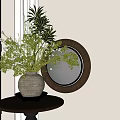 Natural Floral Arrangement In Rustic Vase On Wooden Table With Round Mirror