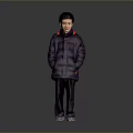 Man Wearing Purple Down Jacket And Purple Pants Standing Against Gray Background