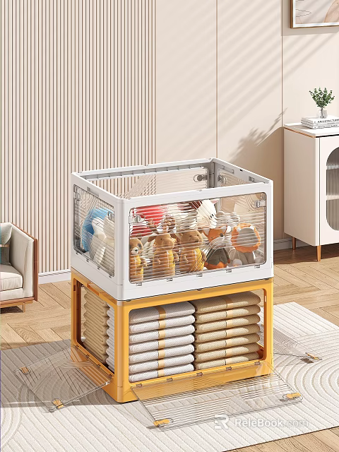White Transparent Lid Storage Shelf With Stuffed Toys And Yellow Cabinet Base Holding Folded Towels 3d model 