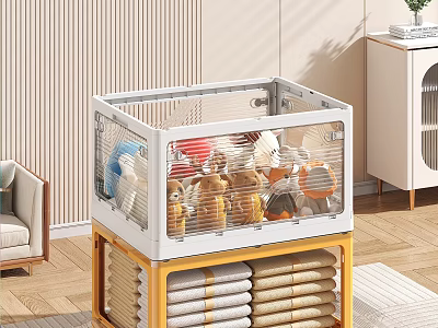 White Transparent Lid Storage Shelf With Stuffed Toys And Yellow Cabinet Base Holding Folded Towels 3d model
