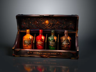 Open Vintage Wooden Chest With Decorative Carvings Holding Colorful Ambrosia Bottles From Grand Collection 3d model