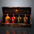 Open Vintage Wooden Chest With Decorative Carvings Holding Colorful Ambrosia Bottles From Grand Collection
