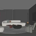 Modern Living Room Interior With Curved Sofa Round Rug Red Side Table And Green Plant