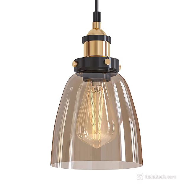 Vintage Pendant Light With Brass Finish Black Accent Amber Glass Shade And Filament Bulb Design 3d model 