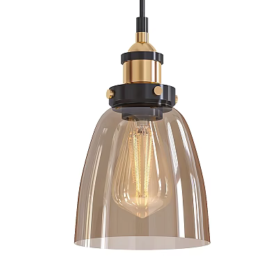 Vintage Pendant Light With Brass Finish Black Accent Amber Glass Shade And Filament Bulb Design 3d model